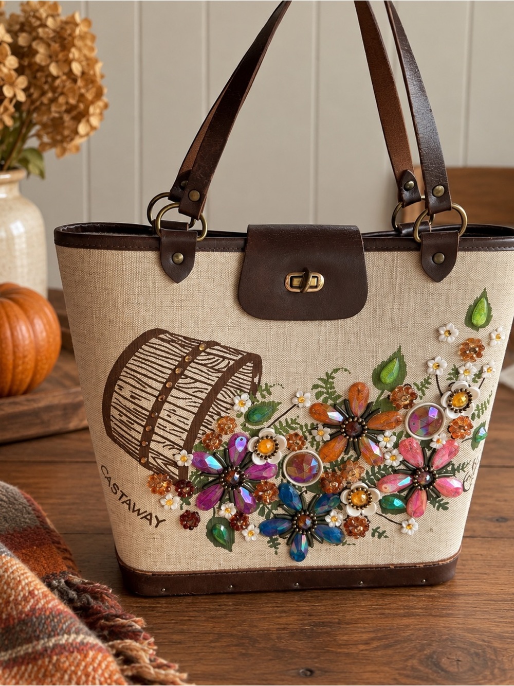 Vintage Enid Collins Jeweled Floral Canvas Tote Fall Autumn Harvest Bag Castaway